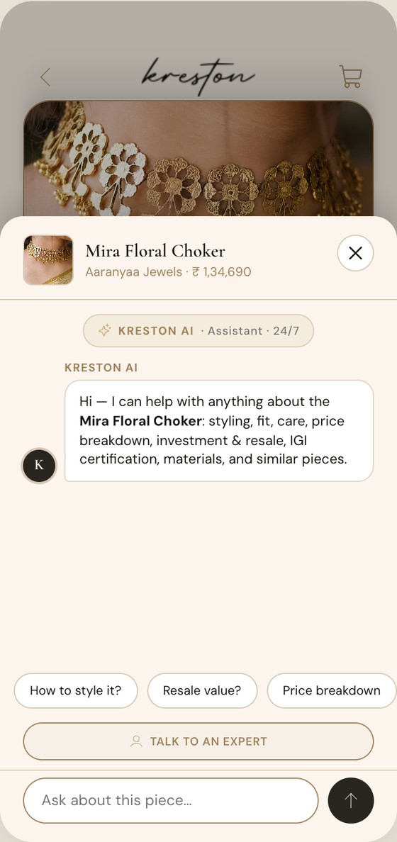 Chat flow: Kreston AI answers first, the buyer taps Talk to an expert, and specialist Priya joins with the piece and chat history in view.