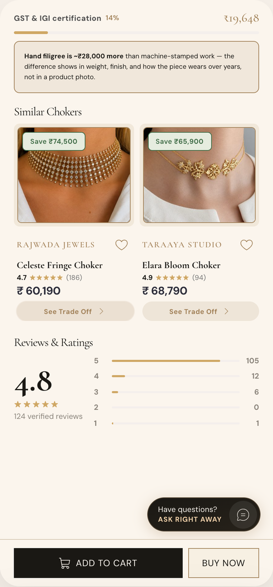 Product page flow: tap See Trade Off on a similar choker, then compare price, technique, weight, plating, certification, and resale side by side.