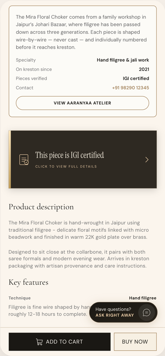 Product page flow: tap the IGI banner, read the certificate, then switch to metal analysis.